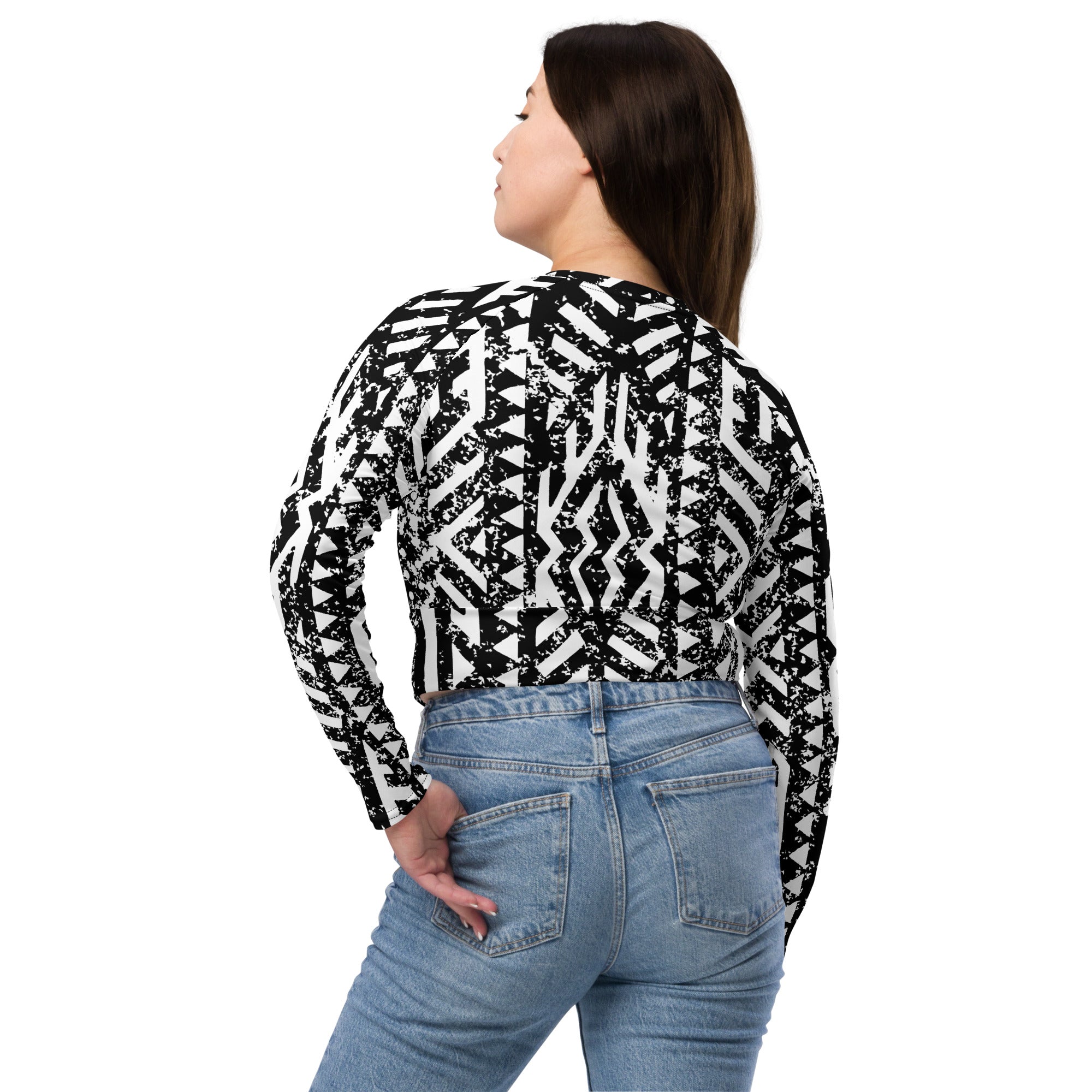 African Print Long Sleeve Crop Top | Black and white | Oasis - Love Africa Print