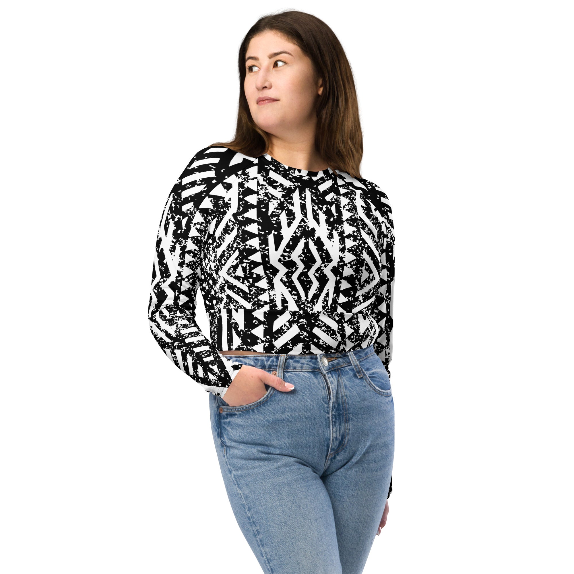 African Print Long Sleeve Crop Top | Black and white | Oasis - Love Africa Print