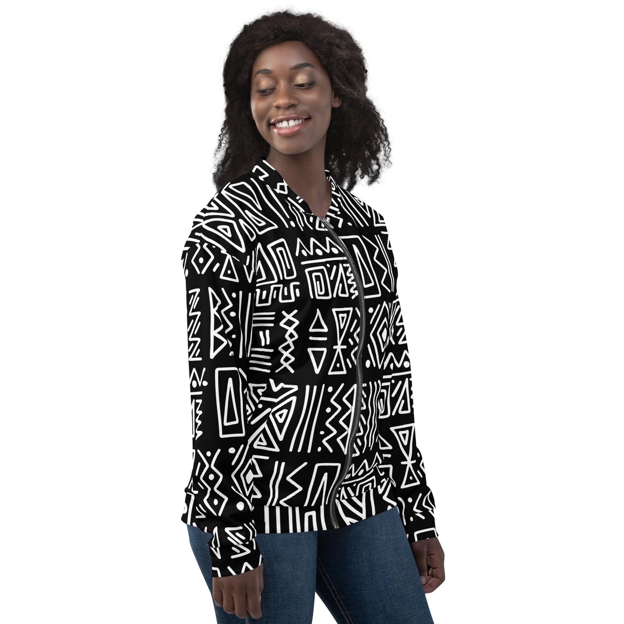 African Print Unisex Bomber Jacket | Black and white | Rhythms - Love Africa Print